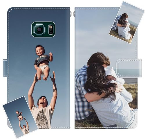 JGOYGYI Personalisierte Leder Handyhülle kompatibel mit Samsung Galaxy S6 Edge,Individuelle Eigenem Foto Bild Text Bildern Foldable Flip Klapphüllen Case hülle+Handykette