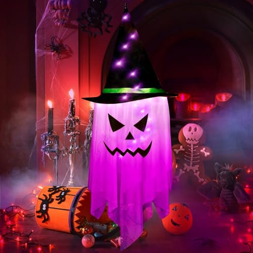 1 Stück Halloween Geister Deko,Halloween Hängelicht Deko Hexenhut mit LED-Lichtern Glow Indoor Outdoor Dekorationen, Hängende Gespenster Dekorationen Party Haus Bäume Garten Patio