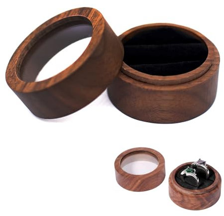 Walnuss Holz Ring Box, Ringbox Hochzeit für Verlobungs und Eheringe im Rustikalen Runde Vintage-Stil mit zwei Samtfächern ideal für Reisen und die tägliche Aufbewahrung, Kompakt und Leicht zu Tragen
