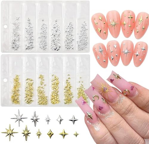 BelleVive 400 Stück Stern-Nagel-Charms für Nagelkunst, 3D-Stern-Nagel-Charms, metallische Nieten, Strasssteine, Stern-Nagel-Schmuckdekorationen, Maniküre-Set, Nagelkunst-Zubehör