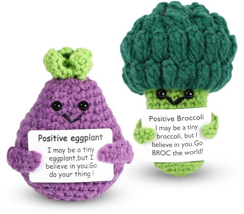 2Pcs Handmade Emotion Support Broccoli Eggplant Gift,Funny Crochet Cute Wool Doll with Positive Card Cheer Up Gag Friends Gifts Office Desk Fun Home Decor for Birthday Women Fathers Day Christmas