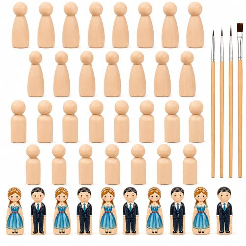 QMLING Gör-det-själv träfigurer för målning 53 mm: 40 stycken spelfigurer trä, träkoner familj figurer för födelsedag dekoration hantverk