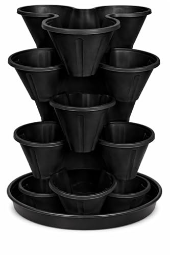 Muddy Hands Stackable Strawberry Planter Tower with Saucer - 6 Tier Vertical Plant Pots for Herbs, Flowers & Vegetables - Space Saving Garden Planter for Patio Balcony Outdoor (Black)