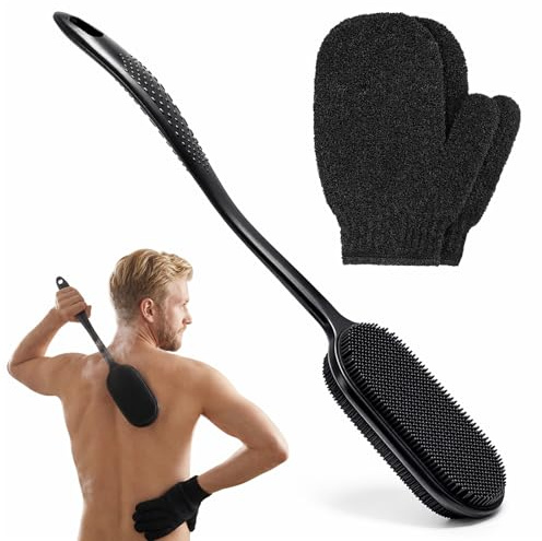 Back Scrubber Silicone Body Scrubber Set Long Handle 42cm Shower Back Brush with Exfoliating Gloves Bath Sponge for Full Body Cleaning Home Spa Use