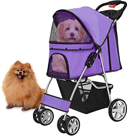 Flexzion Haustier-Kinderwagen (gepunktet), für Hunde und Katzen, Kleintiere, 4 Räder, faltbar, flexibel, leicht zu transportieren, für Jogging, Spazierengehen, Reisen, bis zu 13,6 kg, mit