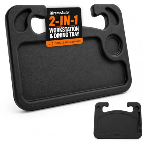 Xtremeauto Car Steering Wheel Desk Tray – Portable 2-in-1 Laptop & Food Table for Cars – Universal Hook-On Steering Wheel Workstation with Cup Holder – Double Sided Travel Desk