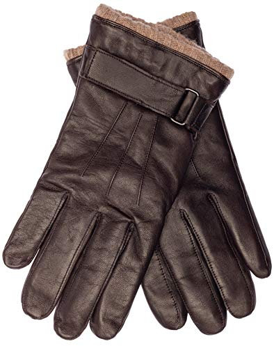 EEM Herren Lederhandschuhe, weiches italienisches Leder, Klettverschluss, Fleecefutter, Strickbündchen, dunkelbraun S