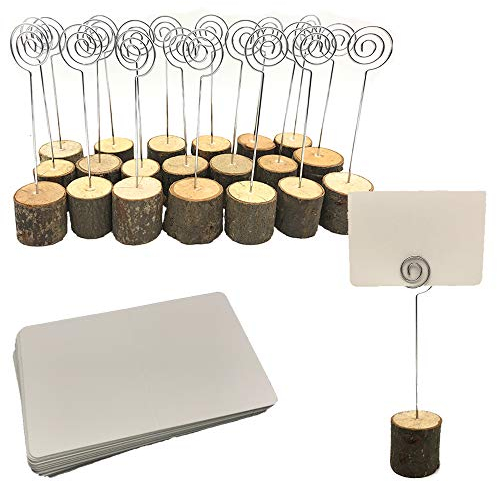 Aisamco 20 Holz Holzsteg Kartenhalter Platzkarte Tischkartenhalter Namesschild Fotohalter,30 Stück Naturkarton Blanko Kraftpapier Kraftkarton Tischkarten für Hochzeit Deko