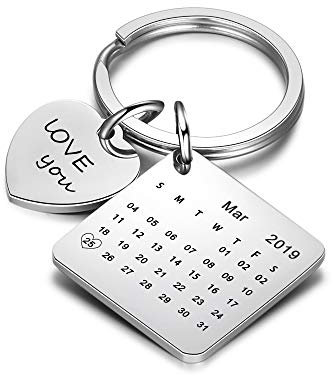 Porte-clés élégant - Cadeau d'anniversaire ou de mariage (personnalisable), Calendrier carré en forme de cœur, 22 mm x 22 mm x 15 mm
