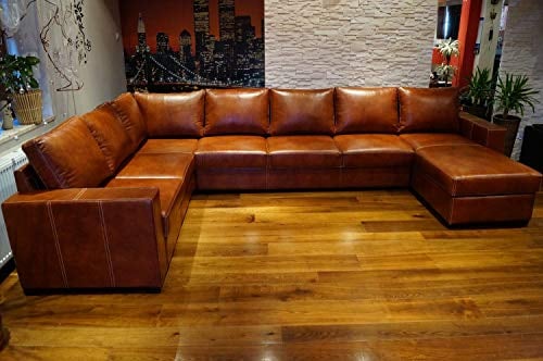 Quattro Meble Super große 8 Sitzer Echtleder Ecksofa Mallorca U-Form 240x350x170cm Ottomane RECHTS Sofa Couch mit Bettfunktion und Bettkasten Eck Couch Echt Leder Große Farbauswahl !!!