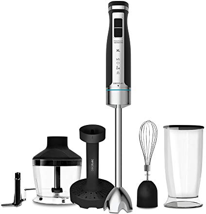 Cecotec Stabmixer PowerGear 1500 XL Mash Pro. 1500 W, Klingen aus Titanium Beschichtung, 21 Geschwindigkeitsstufen, Inklusiv Glas mit Deckel, 4-Klingen-Klinge, Schwarz und Edelstahl