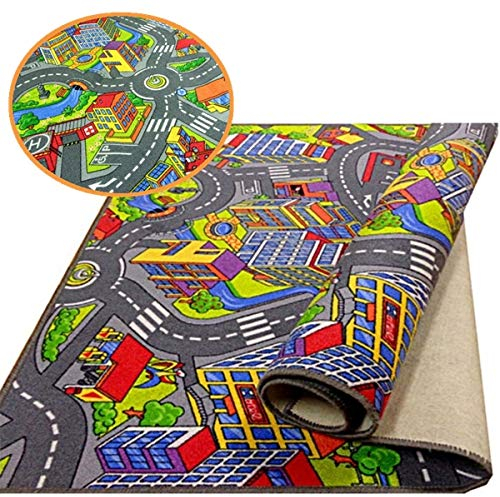 rg-vertrieb Kinderteppich Spielteppich Straßenteppich Stadt Kinderzimmer Häuser Auto Teppich für Jungen und Mädchen (100 x 150 cm)