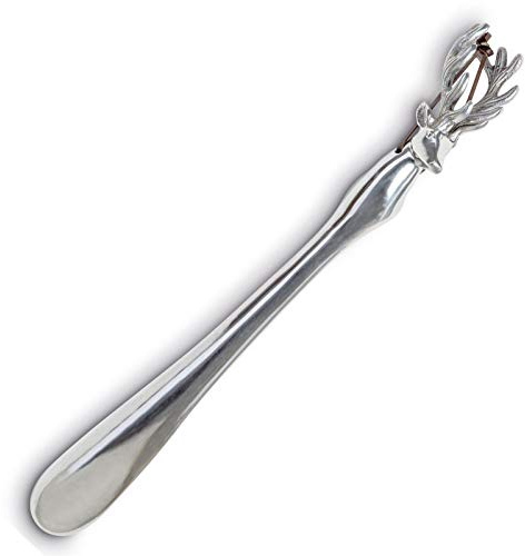 langer stabiler Aluminium Schuhlöffel zum aufhängen - Edler Metall Deko Schuhanzieher 53 cm mit Hirsch Kopf Motiv Griff - für Stiefel und hohe Schuhe