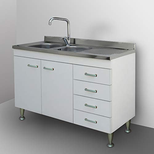 Yellowshop | Mobile sottolavello cm 120 con cassettiera Completo di lavello Inox Serie Basic Colore Bianco (Versione DX)
