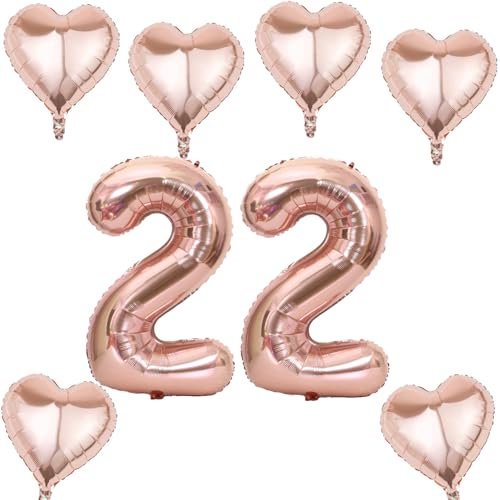 Roségold Zahlen Luftballon 22 +6 pcs herz Heliumballon 22. Geburtstag Deko für Frauen,40 Roségold Riesen Folienballon 22 für 22 Jahre Geburtstag deko, Helium Zahlenballon 22