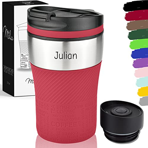 Milu Thermobecher mit Gravur - 210ml - Vatertag Muttertag personalisiert Geschenk mit Namen Ostern Weihnachten für Männer Frauen Mama Papa (Rot, 210ml (+Gravur)