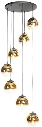 Qazqa - Art Deco Art Deco Hängelampe I Pendellampe I Pendelleuchte schwarz mit Gold I Messingglas 7-flammig - Pallon I Wohnzimmer I Schlafzimmer - Länglich - LED geeignet E27