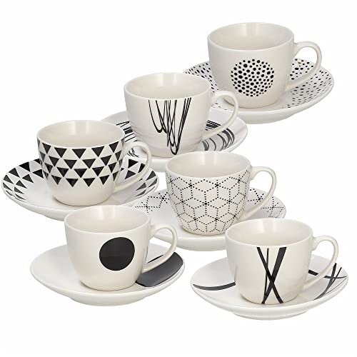 TOGNANA 6er Set Espressotasse mit Untertasse Graphic aus der Serie Metropolis, Weiss-schwarz, 80 ml Volumen/Tasse, modernes Design, aus Porzellan