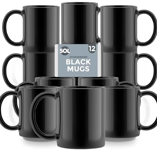 SOL 12pk Stoneware Black Mugs – 11oz Lead & Cadmium Free Tea and Coffee Cup Set – Classic Ceramic Drinkware for Home, Café or Restaurant Use – Stackable Design – Suitable for Hot Beverages
