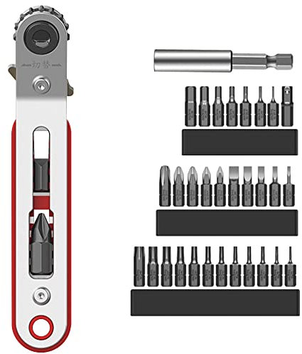 Mini Ratchet Screwdriver Set Magnetic Offset Screwdriver 1/4 Inch Hex Screwdriver Bit Drive Ratchet Wrench with 33 Pcs Hex Bit