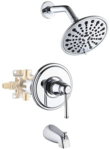 POP SANITARYWARE DuscharmaturSet mit Wannenauslauf Chrom Wanne und Duschverkleidung Kit mit 6 Sprühstrahlen, TouchClean Duschkopf, Badezimmer Einhandwanne und Duschsystem, Rauhventil im