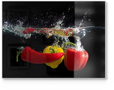 DEQORI Schneidebrett aus Glas | groß 40x30 cm | Motiv Paprikaschoten im Wasser | Design Schneideplatte für Küche | Frühstücksbrett antibakteriell & rutschfest | Glasplatte & Servierplatte