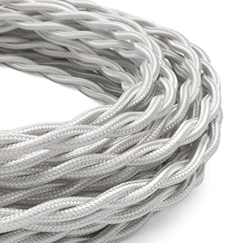 Amarcords - Cable de tela color BLANCO, trenzado, seda, 5 metros, con 2 conductores 2x0,75 - Hilo eléctrico textil de color estilo clásico para lámparas bricolaje y iluminación vintage.