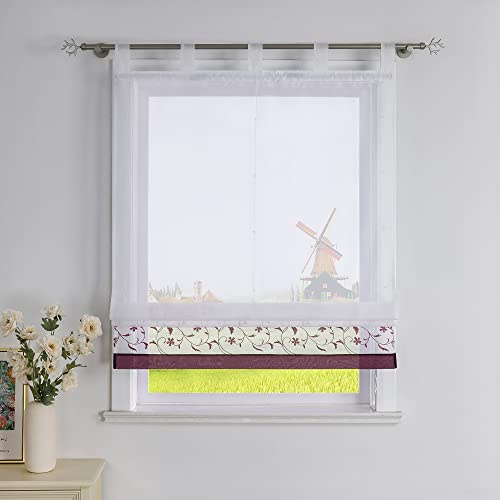 CORLIF Raffrollo mit Blumenmuster Bestickte Raffgardine Küche Modern Schlaufenrollo Leinenoptik Transparente Rollo Kurz Fenster Schal Landhaus mit Schlaufen B/H 100/150 cm Violett