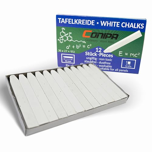 Conipa® - 12 Stück Tafelkreide in Weiß 12 x 90 mm abwaschbar & staubfrei mit Box - Tafel Kreide Lehrer weiss für Schule, Universität & Gastronomie - Hochwertige Wandtafelkreide & Schulkreide (dünn)