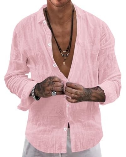 Onsoyours Chemise Lin Homme Manches Longues Chemise Décontractée Coton Chemises Hommes Couleur Unie Business Casual Bouton Shirts Regular Fit Chemises de Plage A Rose XL