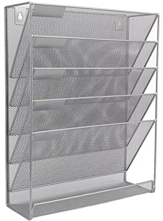 Tissting Wand Zeitungshalter 5 Etagen Silber Metall Netz Prospekthalter mit Klebehaken, Desktop Vertikaler Zeitschriften Document Organizer A4 Papierhalter für Zeitungsordner Mails