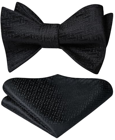 HISDERN Herren Fliege Schwarz Selbstgebundene Fliege und Einstecktuch Set Schwarz Jacquard für Anzug Hochzeit Feier