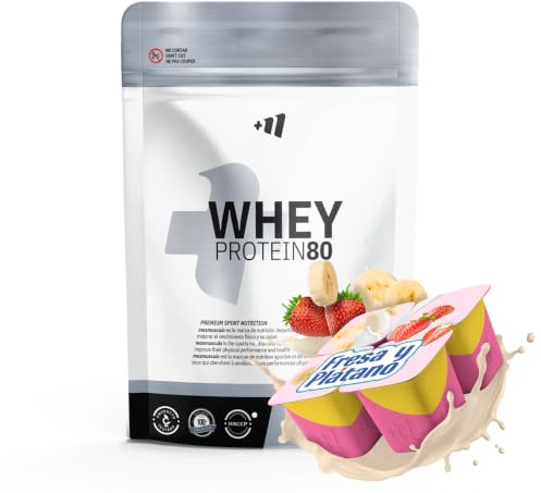 MASmusculo - Proteína Whey 80 - Bote de 1 Kg - Proteína Suero de Leche - Batido para Ganar Masa Muscular - Ayuda en la Recuperación Muscular - Sabor Fresa y Plátano