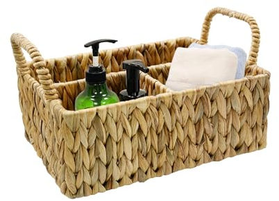 Esoes Panier de rangement en jacinthe d'eau tissée avec poignées, petit panier de rangement rectangulaire avec sections pour organiser les collations, les jouets, les cosmétiques (trois sections)
