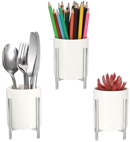 SUMTree 3-piece Flatware Organisers Utensil Holder Flatware Caddy Holder Utensil Crocks White Ceramic with Sliver Metal, Sliverware for Kitchen Countertops and Dining Rooms, 11.5*8*8cm (Large)
