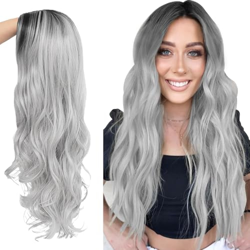 2Pcs Lange Graue Gradient Perücke,70cm Karneval Perücke Grau,Halloween Perücke Grau Gothic Perücke,Silber Grau Lang Lockig,Perücke Damen,Halloween Karneval Rollenspiel Party