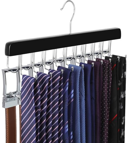 TOPIA HANGER 20 Hooks 2 in 1 Belt Tie Hanger for Closet Max 30 Belts with 30 Ties Capacity, Belt Tie Racks Wooden Hanger for Closet Organizer Storage “U” Fit for Belt and “一” Fit for Tie - CT47B