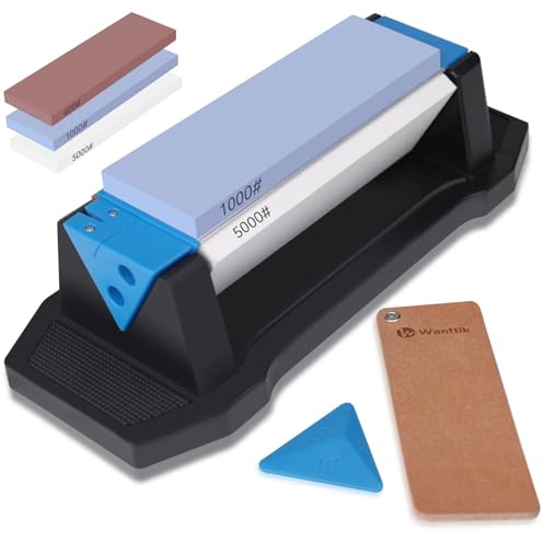 Wanttik Knife Sharpening Stone,tri stone knife sharpener,3 Sides Grit 400/1000/5000,Whetstone Knife Sharpener with Non-Slip Base, Angle Guide & Leather Strop, for Kitchen Knives and Pocket Knives