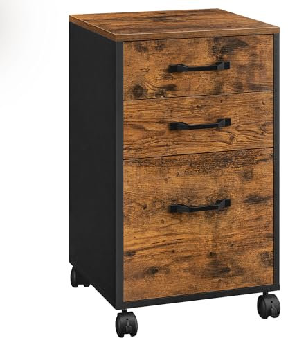 VASAGLE File Cabinet with 3 Drawers, Rolling Office Filing Cabinet with Wheels, for A4, Letter Sized Documents, Hanging File Folders, Industrial, Rustic Brown and Ink Black OFC065B01