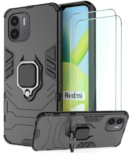 DERHAN Hülle für Xiaomi Redmi A1 / Redmi A2, Panzerhülle mit Ring Halter + Schutzfilm [2 Stück], Handy Hüllen Stoßfest Schutzhülle, Handyhülle mit Ständer - Schwarz