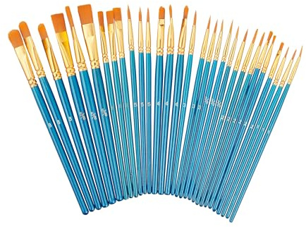 Relaxdays Pinsel Set 30-teilig, Acryl-, Öl- & Wasserfarben, Hobby & Schule, Nylon-Borsten, Malpinsel-Set, Mehrfarbig
