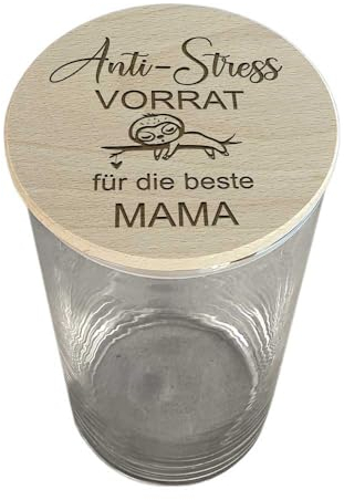 Geschenke für Mama Glasbehälter mit Deckel Anti Stress Geschenk Muttertag Bonbonglas mit Faultier, Keksdose, Geburtstagsgeschenk, Weihnachten Vorratsgläser mit Holzdeckel und Gravur