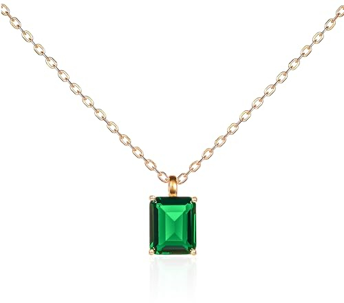 namana Kette mit Smaragdgrüne Anhänger für Damen mit einem rechteckigen Solitärstein, zierliche Halsketten für Frauen aus 925er Sterling Silber, Goldkette mit grünen Stein im Smaragdschliff