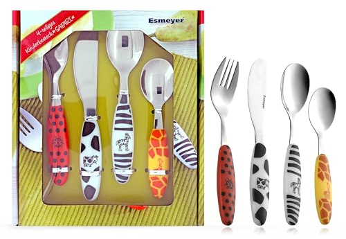 Kinderbesteck mit Namensgravur - Safari - Kuh - Zebra - Giraffe - 4-teilig eigener Gravur/Namen auf Besteck (Gravur möglich)