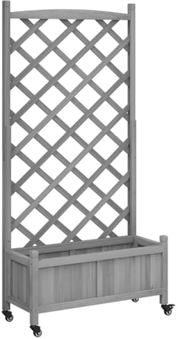Tidyard Pflanzkübel mit Rankgitter und Rollen,Blumenkasten mit Spalier,Pflanzgefäß für Terrasse Garten,Pflanzkasten Blumenkübel Blumentopf Gartenspalier,Spalier mit Pflanzkasten,Grau Massivholz Tanne