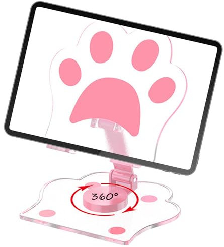 Ethlomoer 360°Rotatable Tablet Holder for Desk, Pink Cat Paw Design, Perfect for Tablet Accessories, Cute Desk Accessory Fits for All Tablets, Mobile Phones, Go-to Desk Tablet Holder,Pink Desk Decor