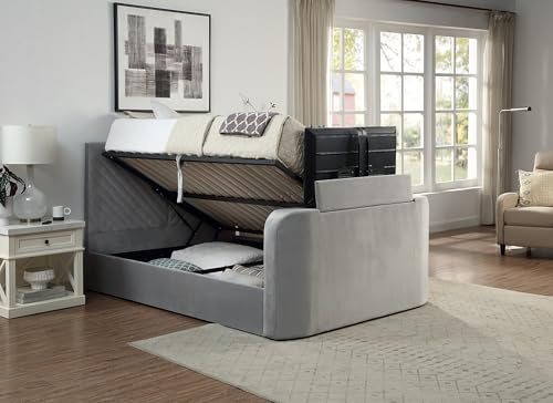 Home Treats Grey Velvet Ottoman TV Bed With Storage | Smart Bed With Remote Control TV Footboard Operation | Gas Lifting Underbed Storage (Hybrid Mattress, Double)