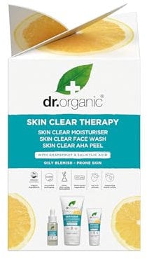 Dr Organic Skin Clear Therapy Set with Moisturiser, Face Wash & AHA Peel, Treatment Regime, Acne, Scars, Anti-Blemish, Natural Brightening, Vegan, Cruelty Free, Paraben & SLS Free, Organic