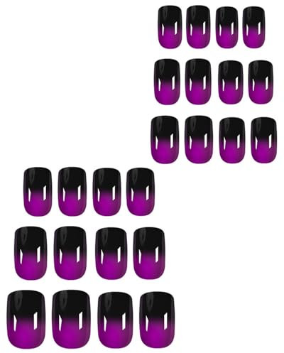 LOZTBUE 24 pièces lilas ongles à coller Courts carrés French ongles haute brillance conception d'ongles lumineux lilas noir autocollants pour les femmes et les filles