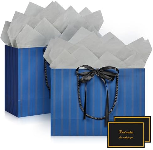 BBLIKE Sacs Cadeaux Avec Anses et Rubans – 2 Sac Cadeaux + 2 Cartes de Vœux + 4 Papiers Sydney – Emballage Cadeau rayé pour mariage, Cadeau, Anniversaire, fête